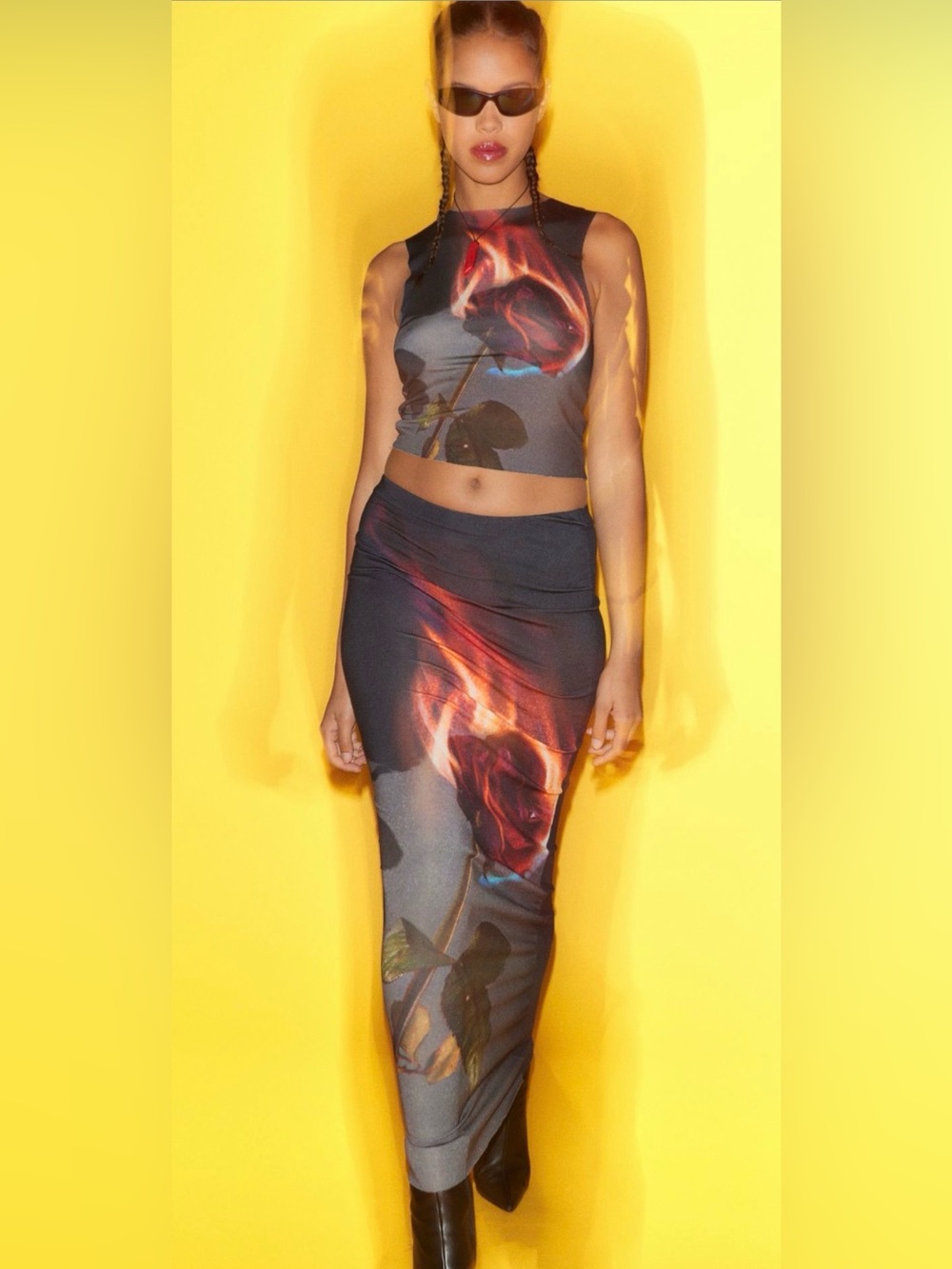 NWT Jaded London Black Maxi Skirt with Red Flame Rose Print